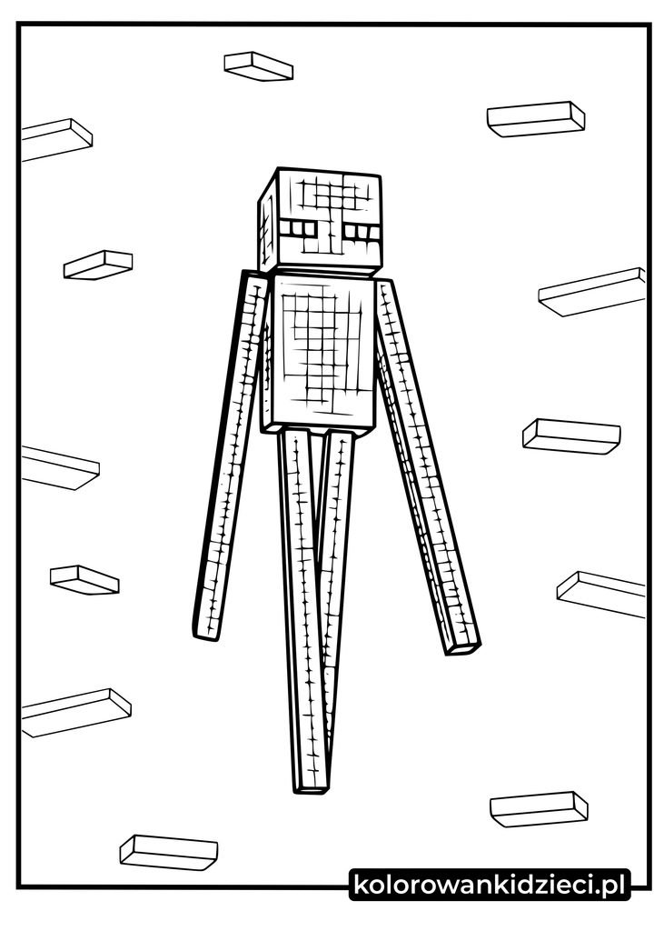 enderman kolorowanka - wysoki potwór z Minecrafta w otoczeniu lewitujących klocków do druku