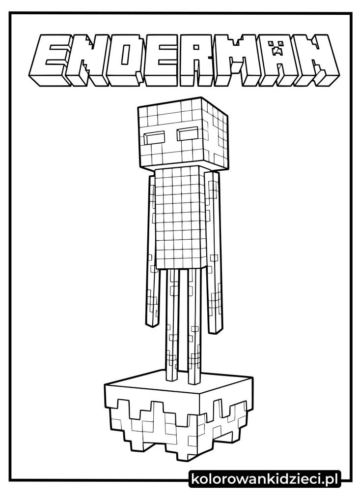 enderman minecraft kolorowanki - szczegółowy Enderman na bloku z trójwymiarowym napisem do druku
