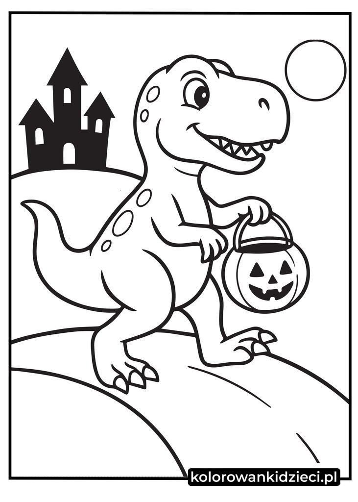 halloween kolorowanki dla dzieci dinozaury - wesoły dinozaur z dynią na cukierki na tle zamku do druku