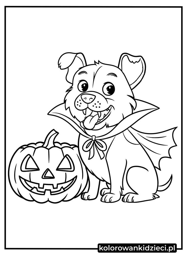 halloween kolorowanki do druku pieski - wesoły piesek w stroju wampira z dynią do druku
