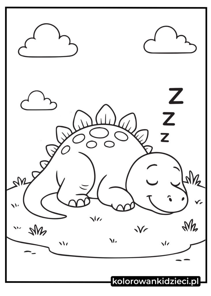 kolorowanka dla dzieci dinozaur - uroczy śpiący dinozaur na trawie do druku