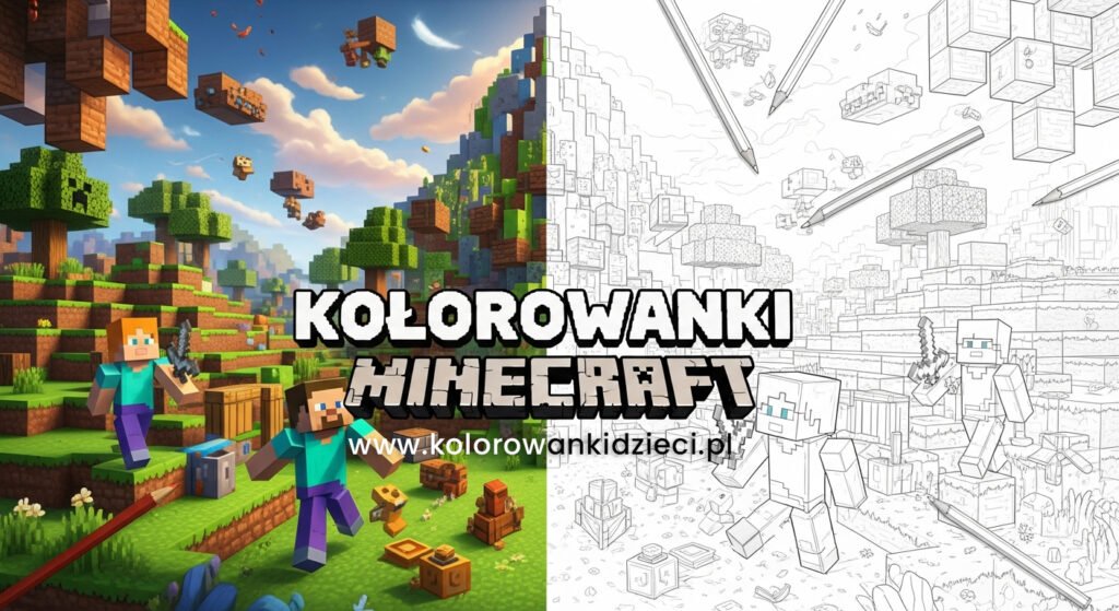 Kolorowanka Minecraft do drukowania przedstawiająca Steve'a, Alex i Creepera w świecie bloków