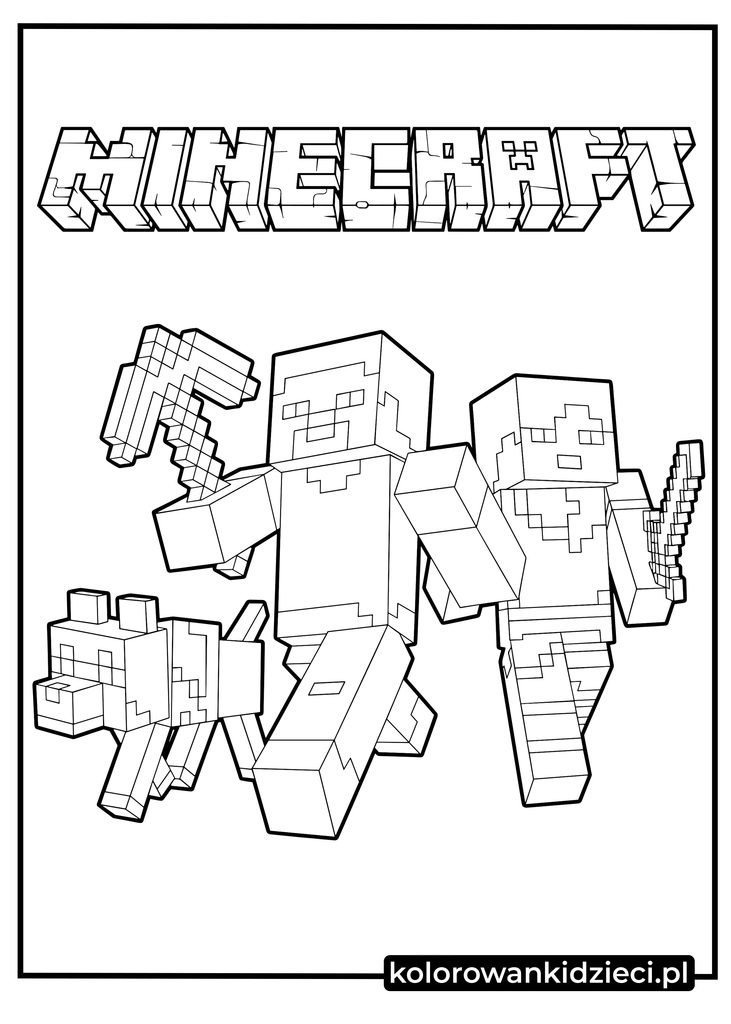 kolorowanka minecraft do druku - Steve, Alex i pies pod wielkim logo gry do druku