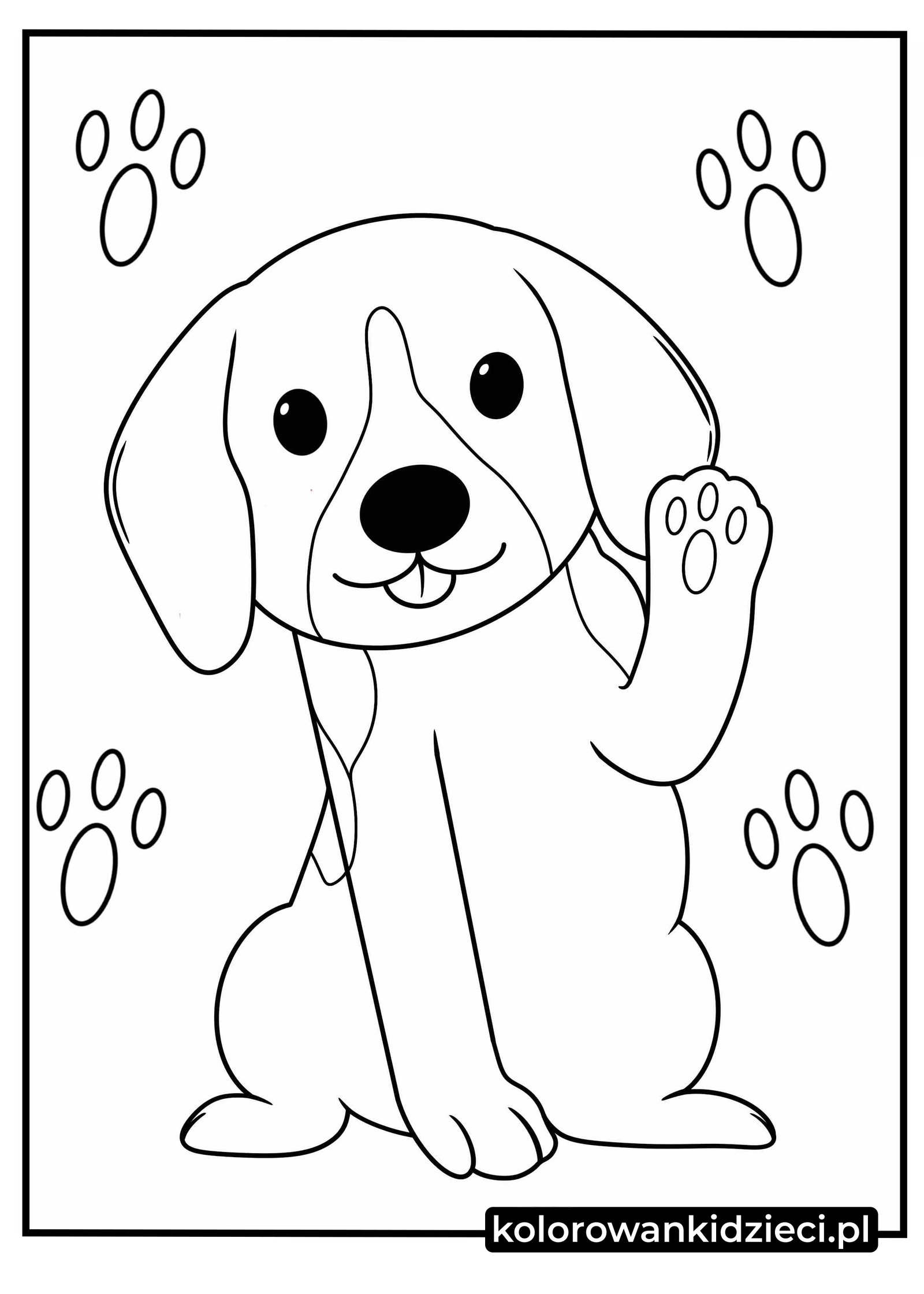 Szczeniak przybijający piątkę kolorowanka – siedzący piesek z uniesioną łapą i ślady łap w tle