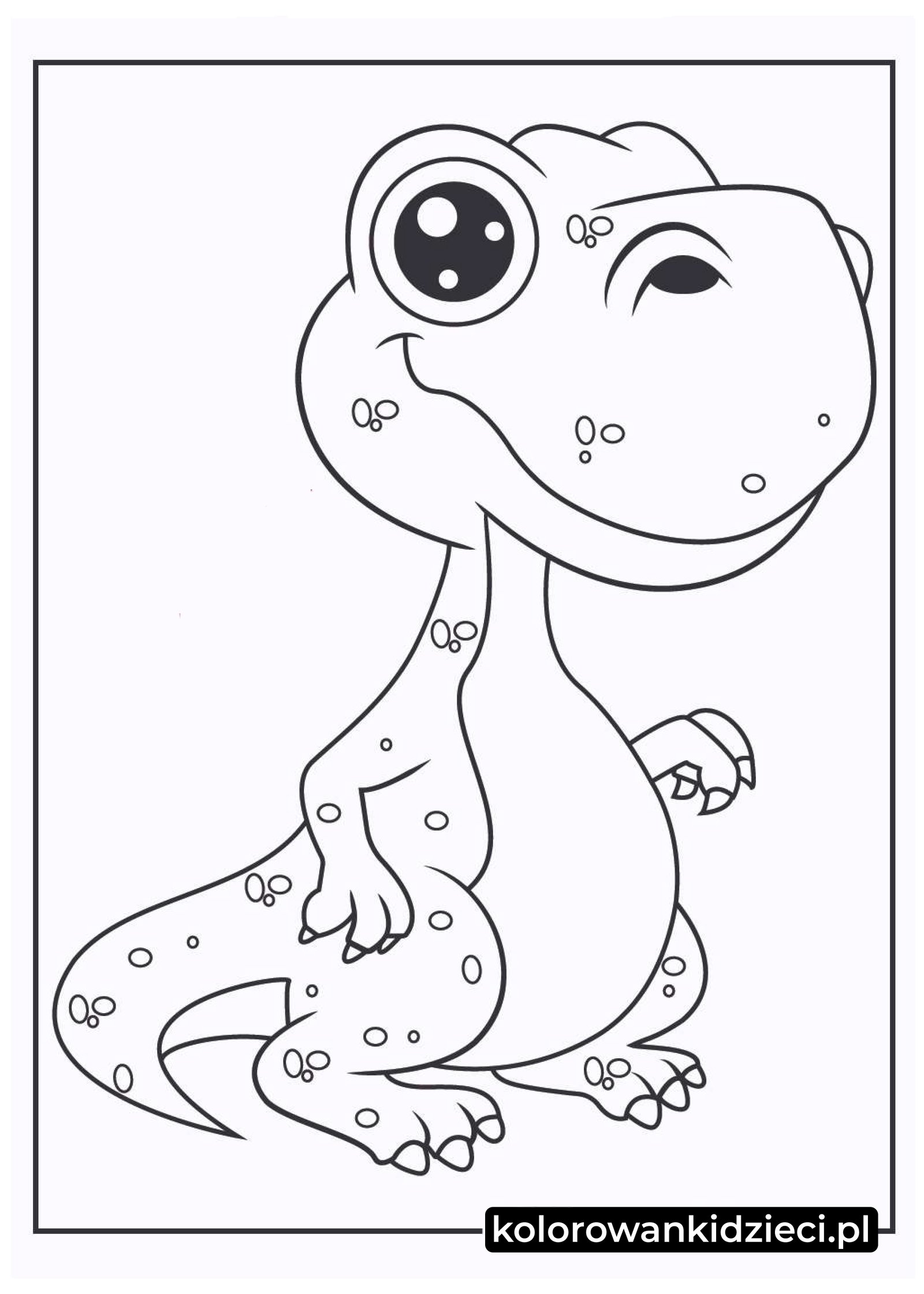 Kolorowanka dla dzieci – wesoły dinozaur mrugający jednym okiem, mający liczne kropki na skórze i uśmiechnięty pyszczek