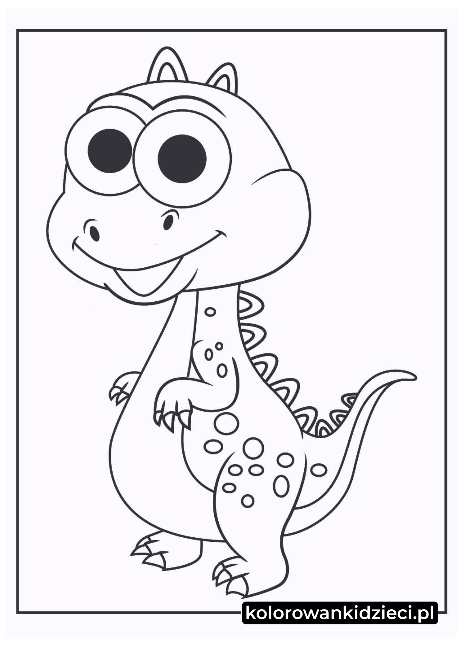 Kolorowanka dla dzieci – uroczy mały dinozaur z wielkimi oczami, okrągłym brzuszkiem i kropkami na skórze