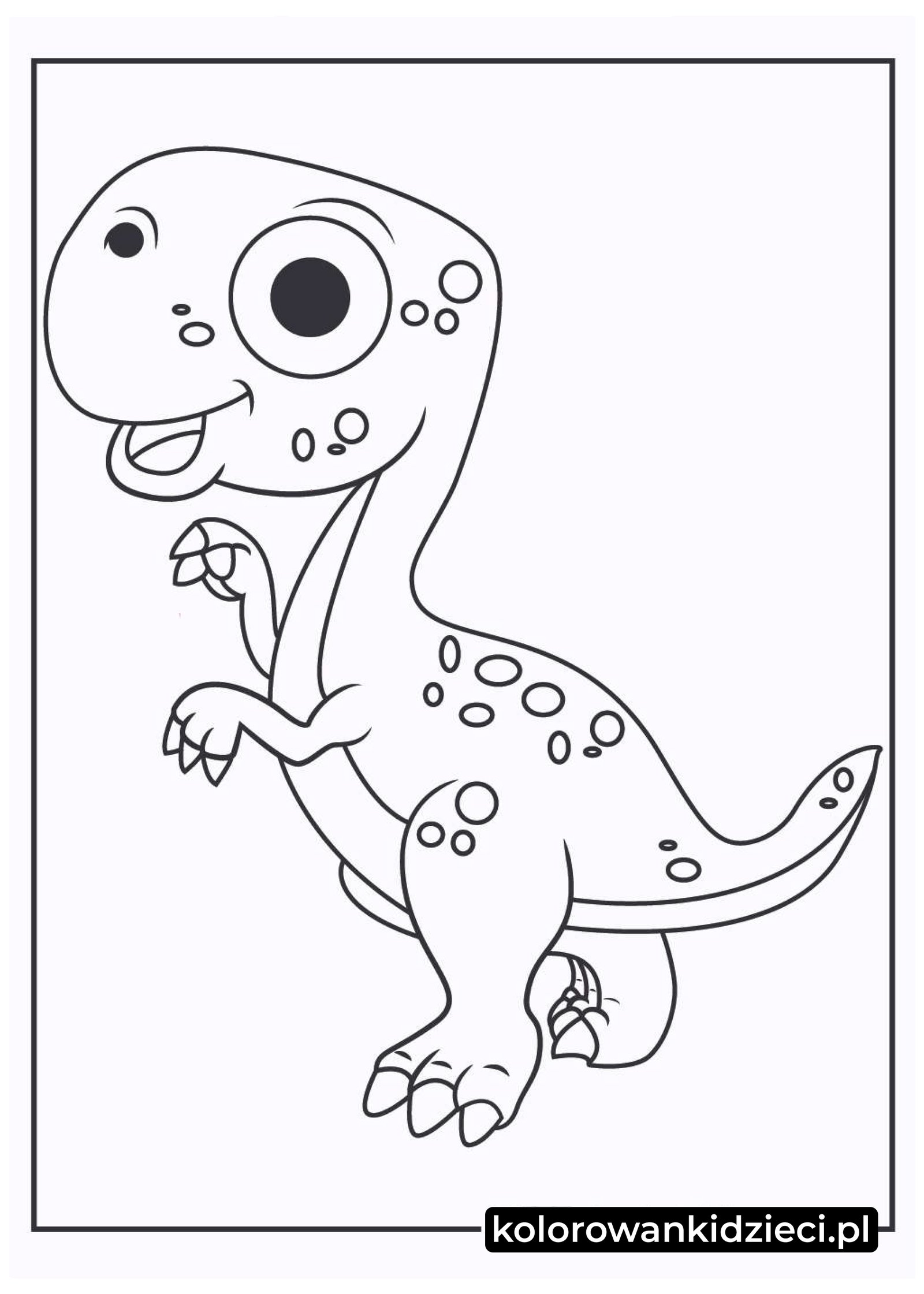 Kolorowanka dla dzieci – uroczy mały dinozaur tyranozaur T-Rex z dużymi oczami i kropkami na skórze