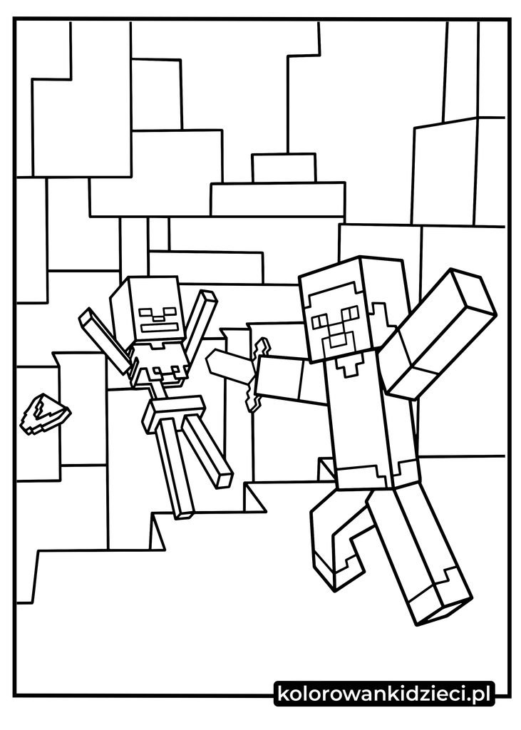 kolorowanki minecraft - walczący Steve i kanciasty szkielet w jaskini do druku