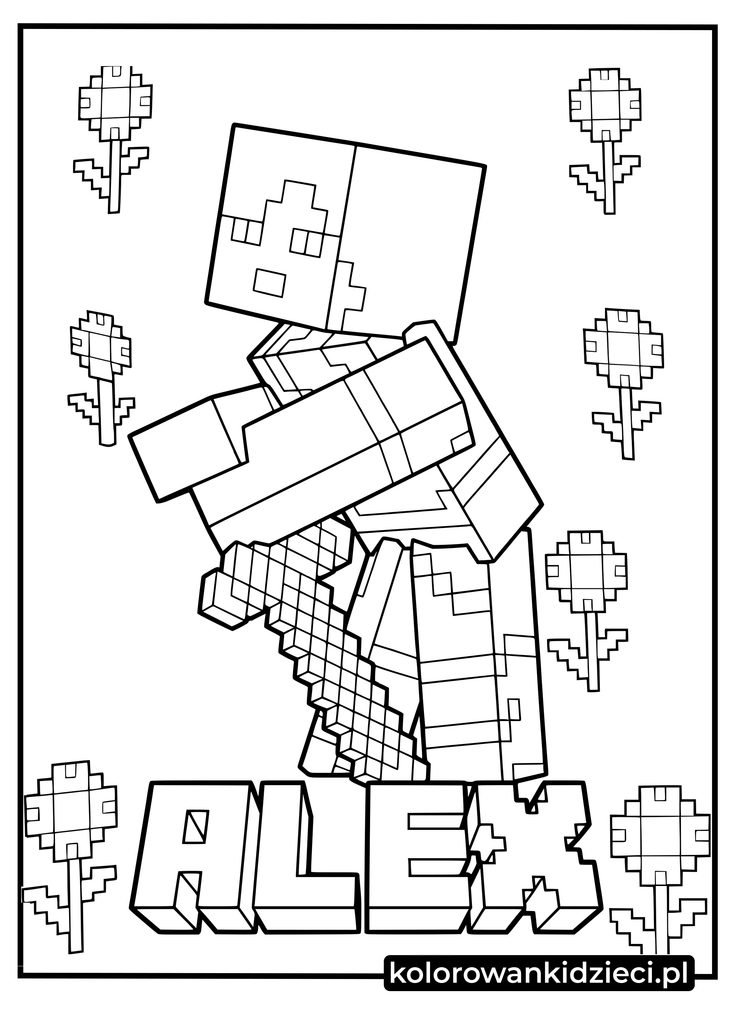 kolorowanki minecraft alex - kwadratowa bohaterka Alex z kilofem w otoczeniu pikselowych kwiatów do druku