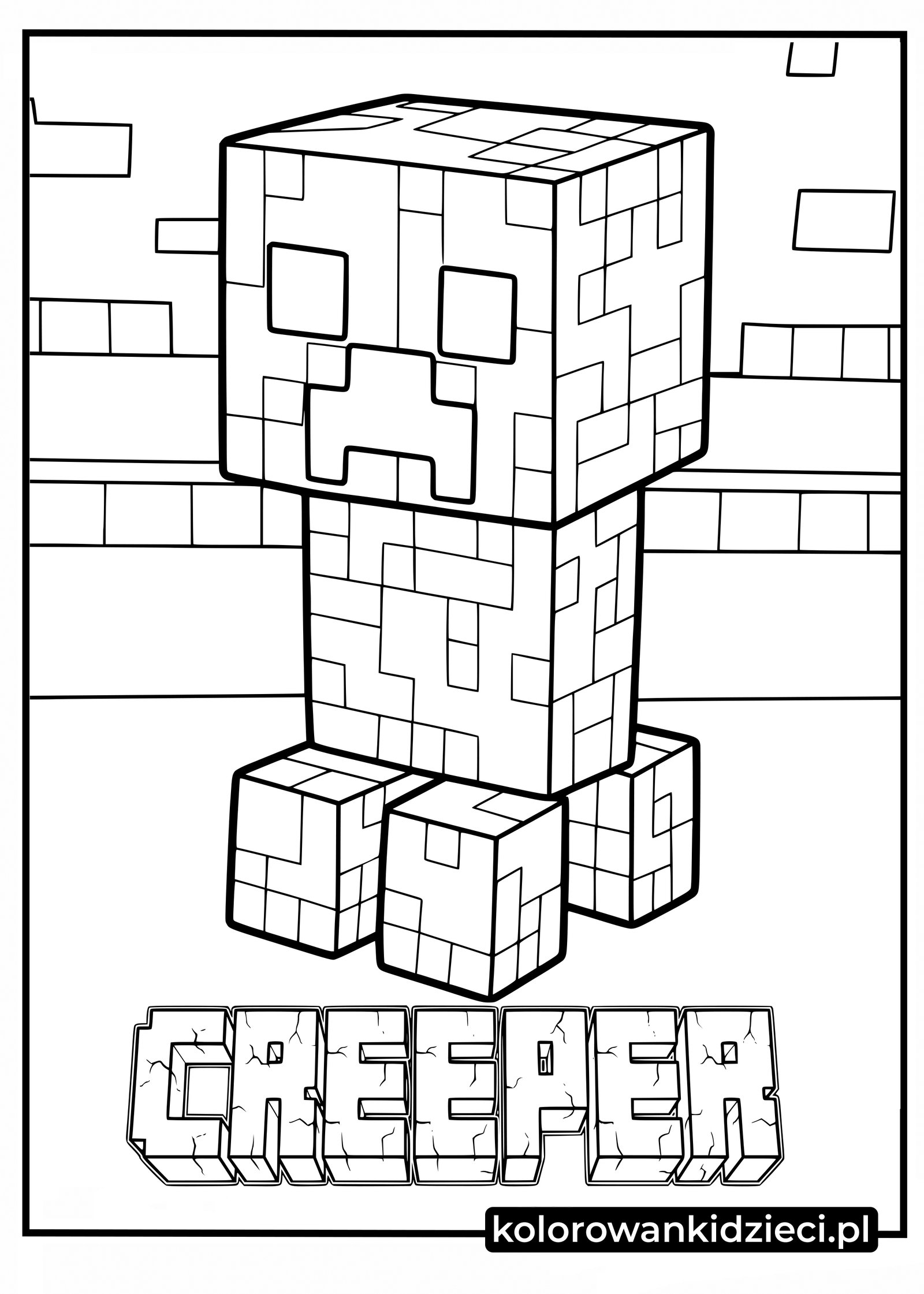Kolorowanki Minecraft – Creeper stojący przed murem z dużym, pękniętym napisem pod spodem