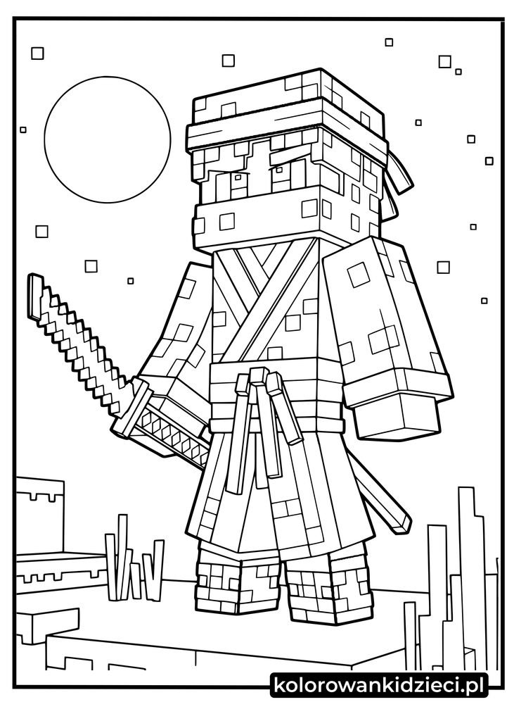 kolorowanki minecraft do druku - kanciasty wojownik ninja z mieczem na tle nocy do druku