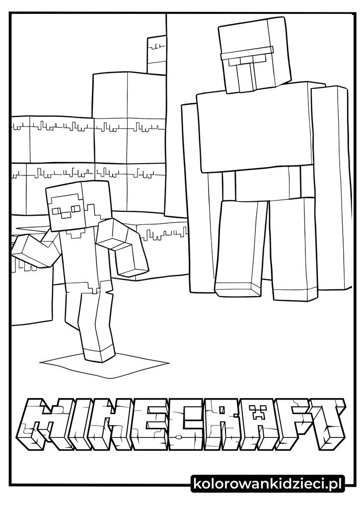 kolorowanki minecraft golem - biegnący Steve i potężny żelazny golem na tle bloków do druku