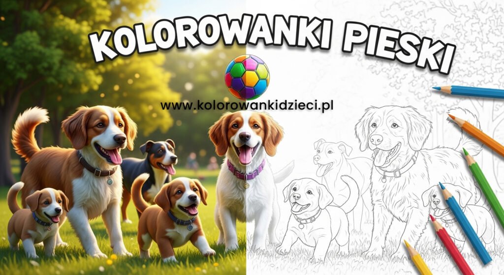 Kolorowanki pieski – uśmiechnięta grupa radosnych psów różnych ras i słodkie szczeniaki gotowe do druku