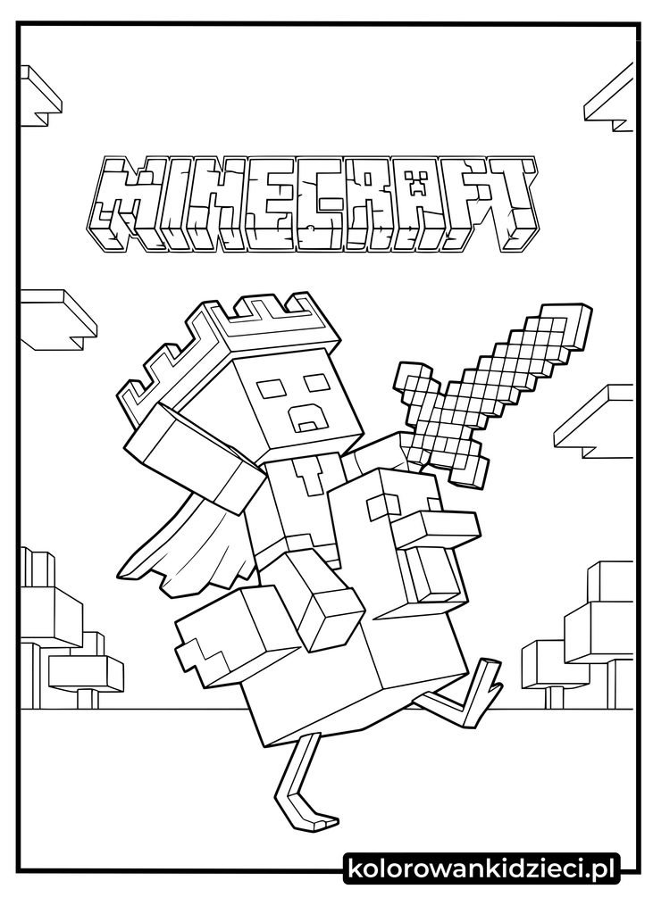 minecraft do druku - mały zombie na kurczaku z mieczem z gry do druku