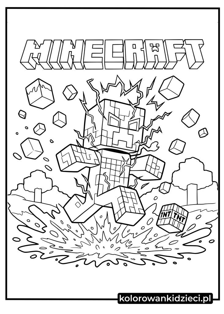 minecraft kolorowanki do druku - wybuchający naładowany Creeper i blok TNT do druku