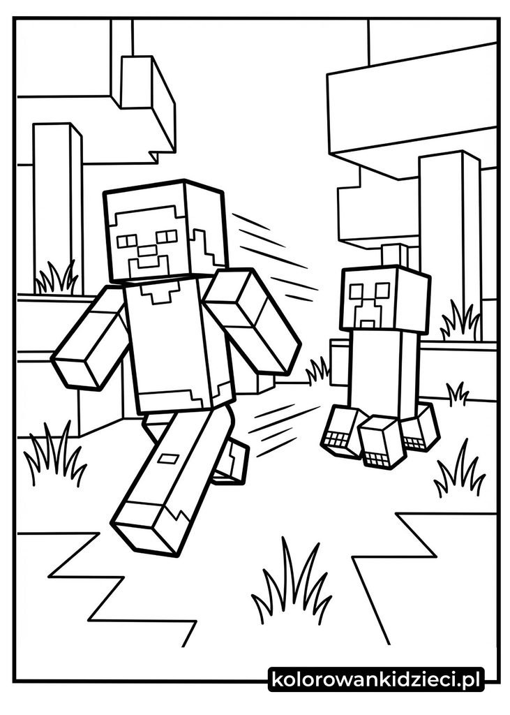 minecraft rysunki - uciekający Steve i goniący go Creeper z gry do druku