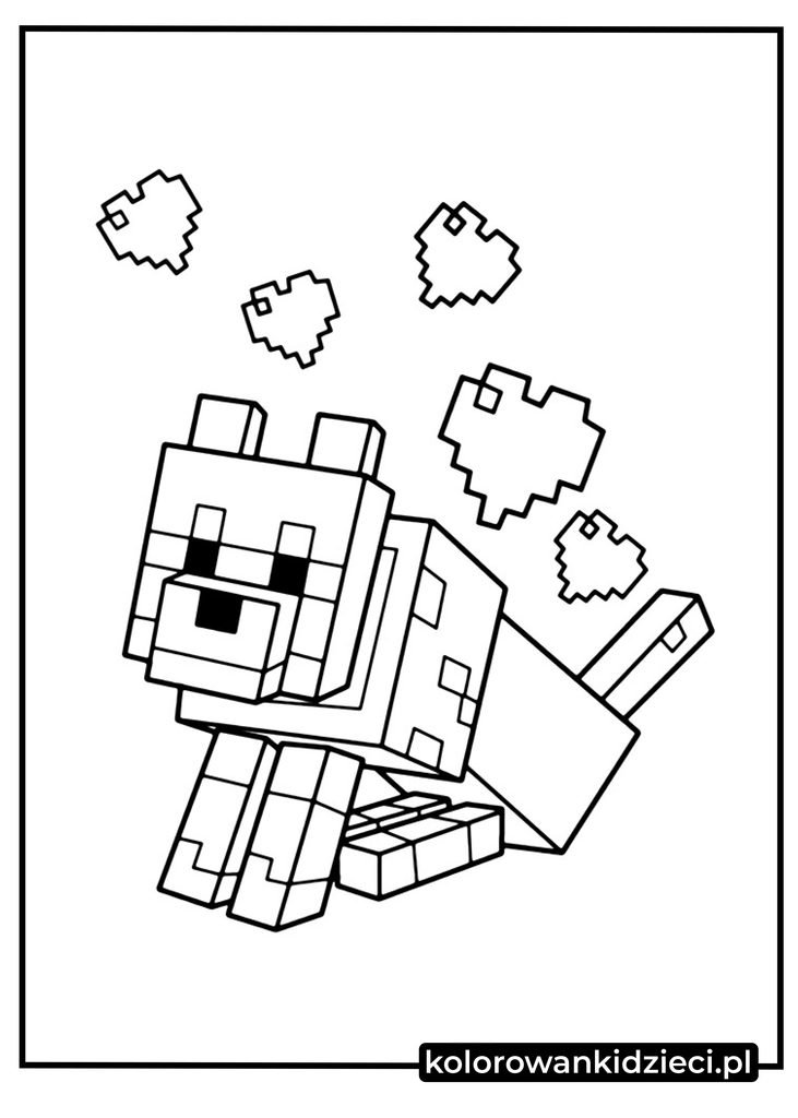 pies minecraft rysunek - uroczy, siedzący pies z pikselowymi serduszkami do druku