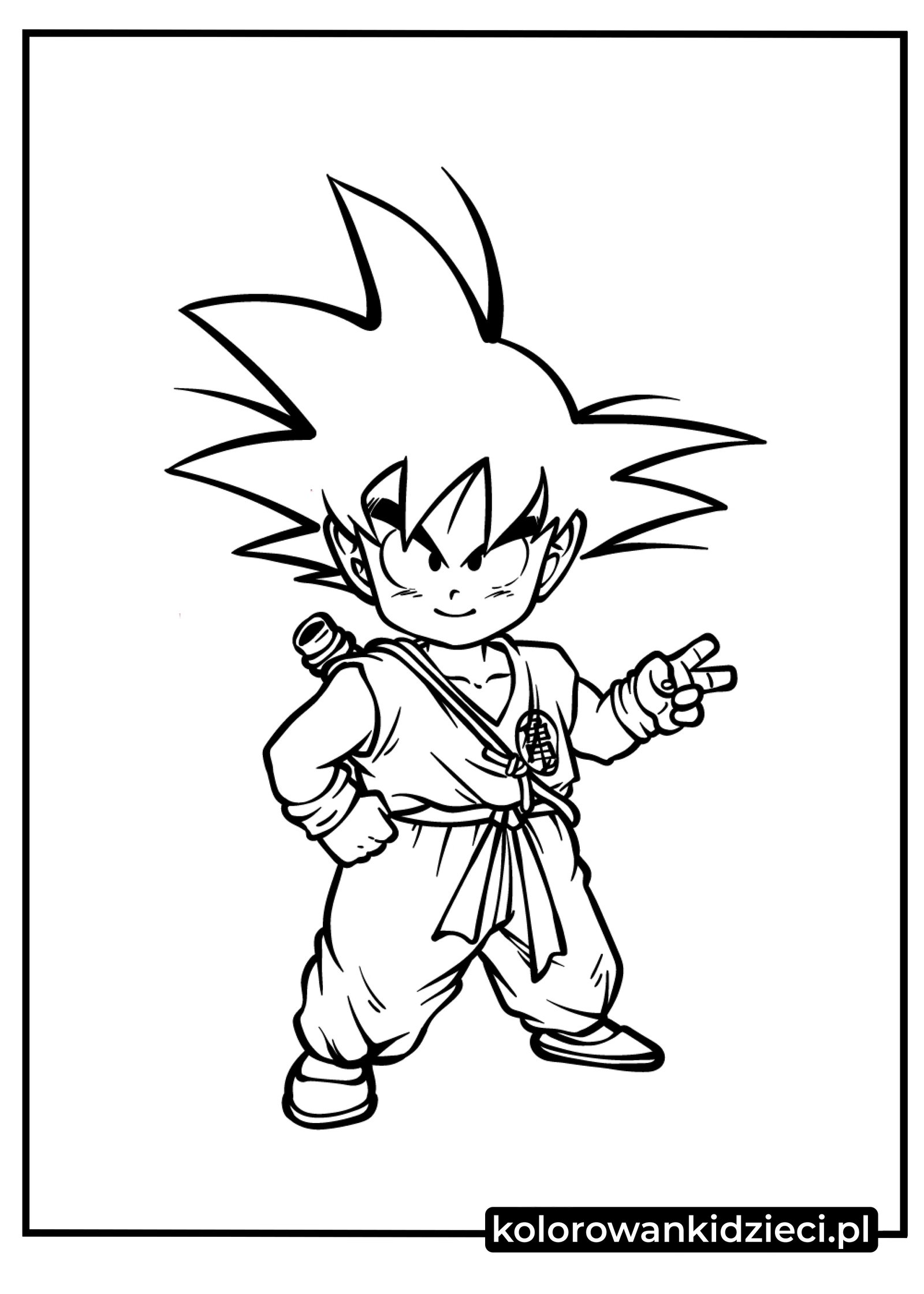 Trening czas zacząć! Pobierz darmowy rysunek z małym Goku. Uśmiechnięty, młody Son Goku w stroju sztuk walki z podniesioną dłonią – klasyczna kolorowanka z Dragon Ball.