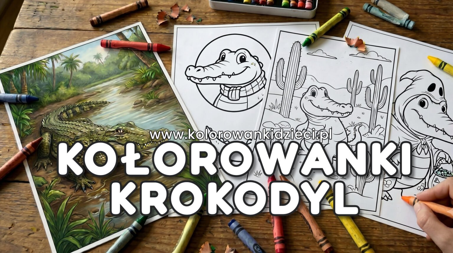 Darmowa Krokodyl Kolorowanka Do Druku (PDF) Kolorowanki do wydruku krokodyl - kolorowy, realistyczny gad w rzece oraz czarno-białe szablony do malowania leżące na drewnianym stole obok kredek.