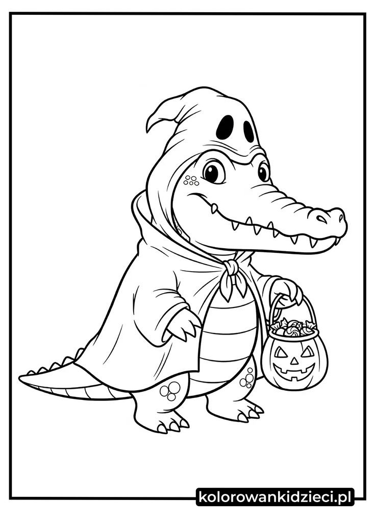 krokodyl kolorowanka halloween - uroczy krokodyl w stroju ducha z dynią na słodycze do druku