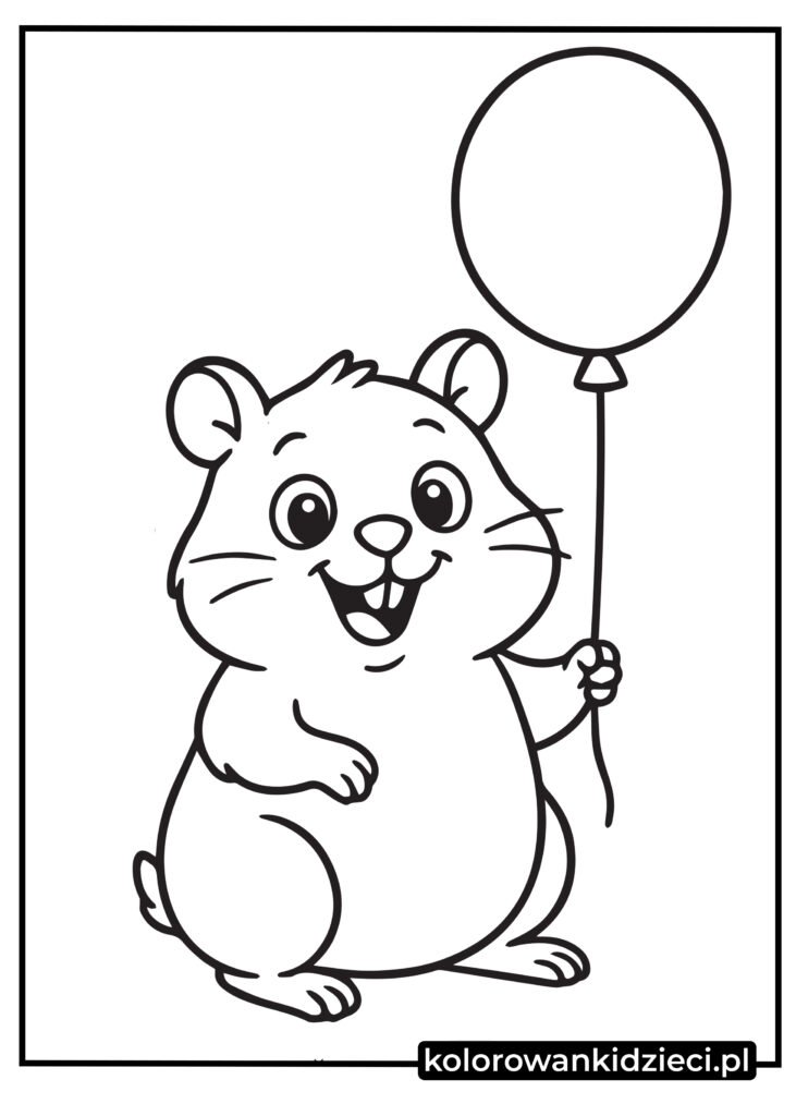 chomik rysunek - uśmiechnięty chomik trzymający okrągły balon do druku