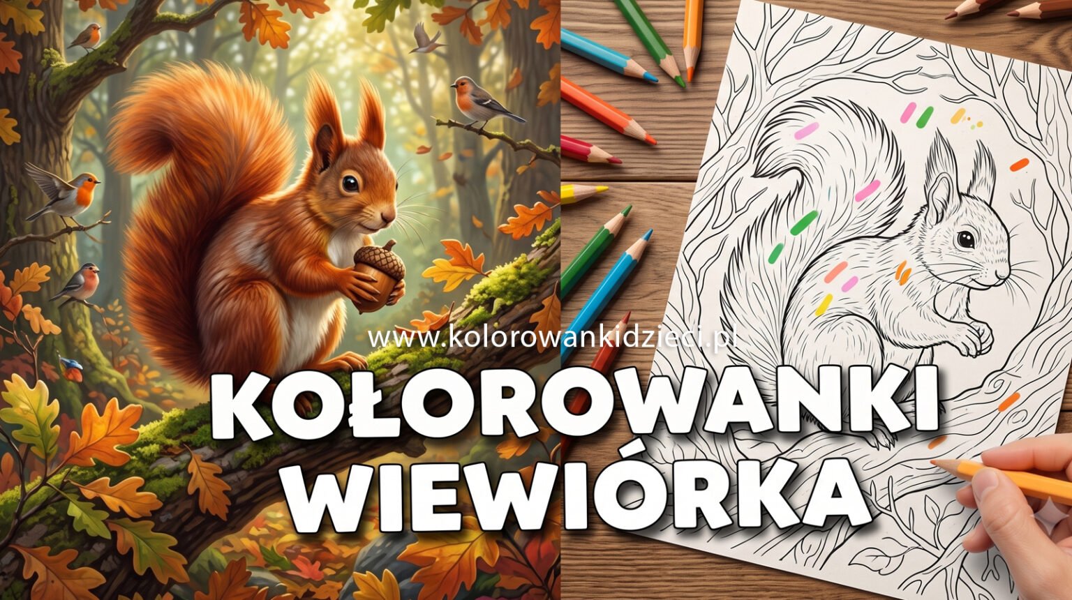 Darmowa Wiewiórka Kolorowanka Do Druku (PDF) Kolorowanki do druku wiewiórka - ruda wiewiórka z żołędziem w lesie oraz czarno-biały rysunek do malowania z kredkami