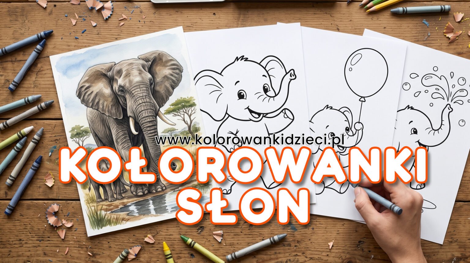 Darmowa Słoń Kolorowanka Do Druku (PDF) Kolorowanki słoń do druku - urocze słoniki i gotowy, kolorowy rysunek słonia z małym na safari na drewnianym stole pośród kredek