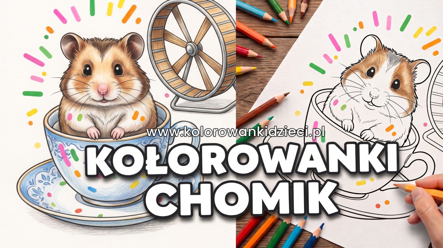 Darmowa Chomik Kolorowanka Do Druku (PDF) Chomik kolorowanka do druku - mały, uroczy chomik siedzący w filiżance obok kołowrotka, pokazany jako kolorowy rysunek oraz czarno-biały szablon do malowania kredkami.